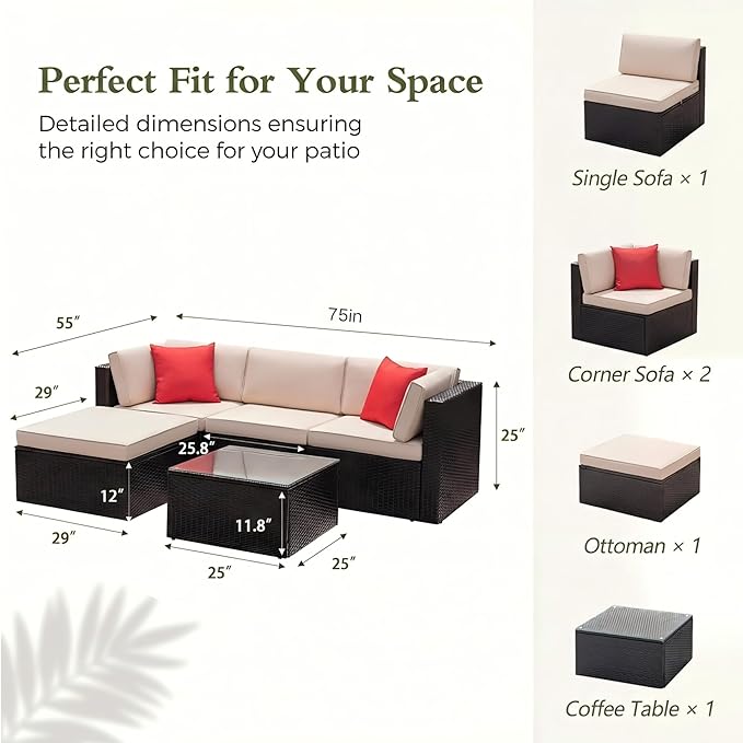 Devoko 5 Pieces Patio Furniture Sets All Weather Outdoor Sectional Patio Sofa - Image 2