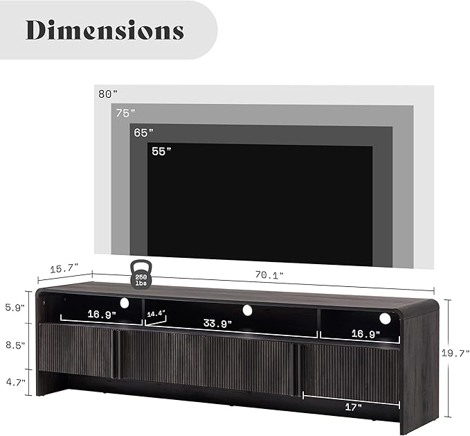 AMERLIFE 70" Modern TV Stand for TVs up to 80", Fluted Wood Entertainment Center - Image 5