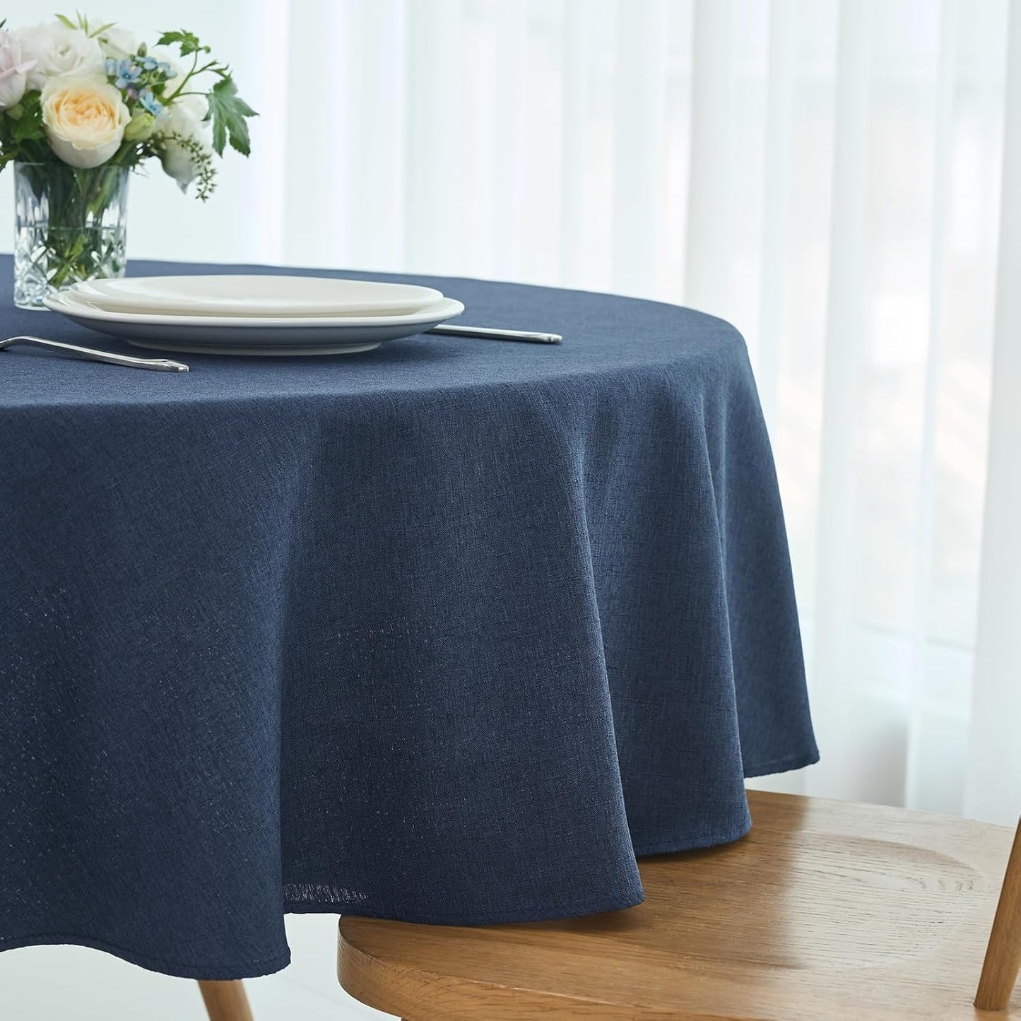 maxmill Round Linen Textured Tablecloth Spill-Proof Stainproof Wrinkle Free Washable Fabric Table Cloth for Circular Table Cover, Dining Room Buffet Banquet Parties Holiday Dinner, 70 Inch Navy Blue