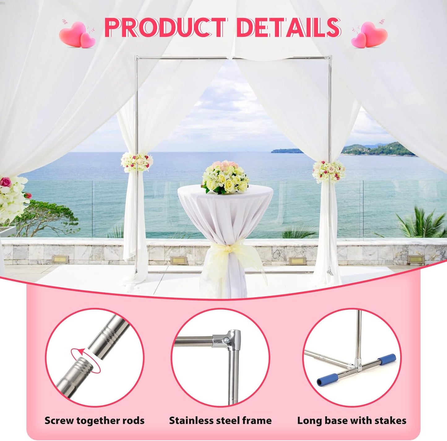 Wedding Arch,7 x 5 FT Metal Arch Backdrop Stand with Support Feet Base,Square Arched Frame for Birthday Party Ceremony Event Balloon Arches Decoration