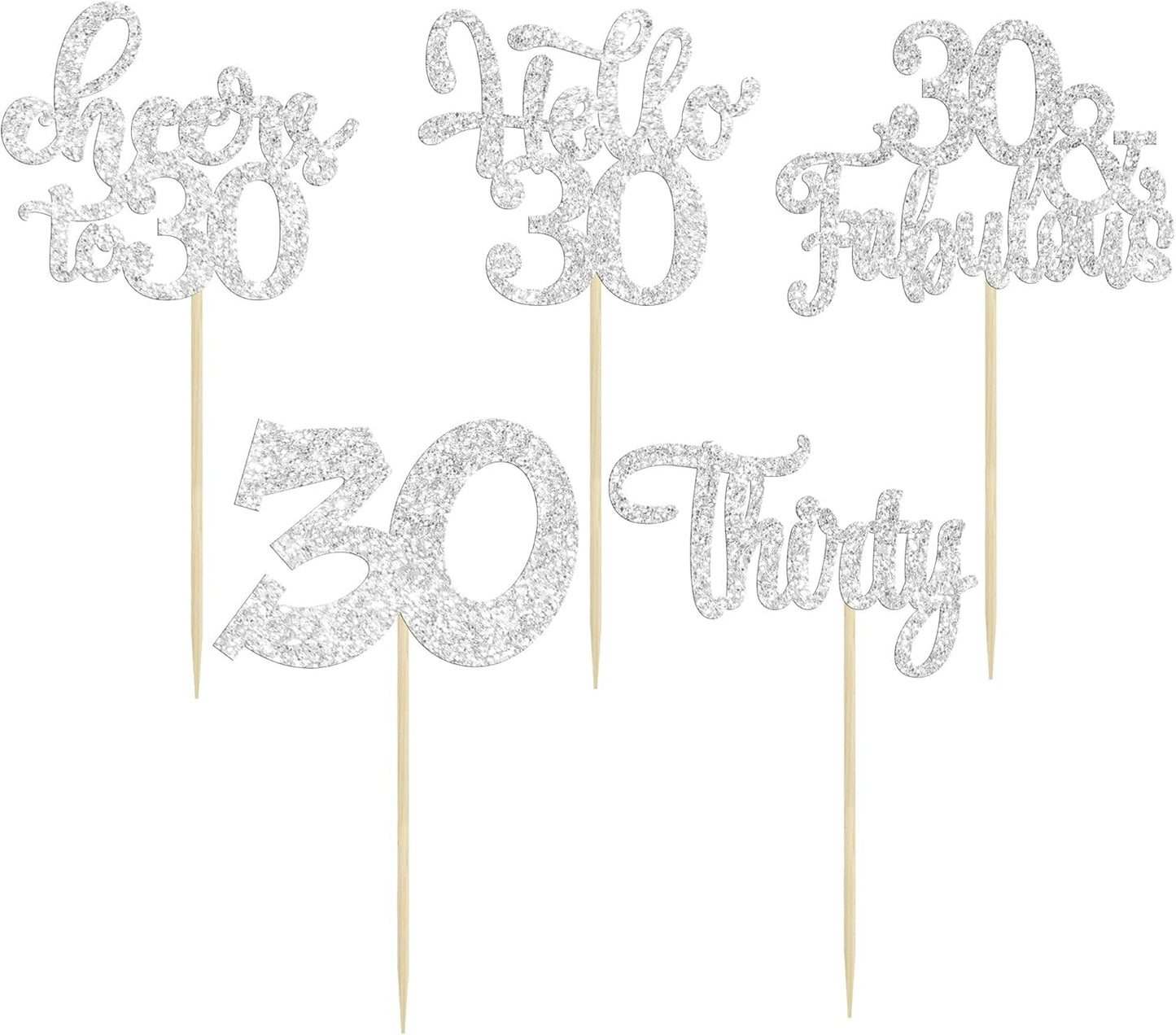 30Pcs Happy 30th Birthday Cupcake Toppers Silver Glitter Thirty Cheers to 30 Birthday Cupcake Picks for Happy 30th Birthday Anniversary Party Cake Decorations Supplies
