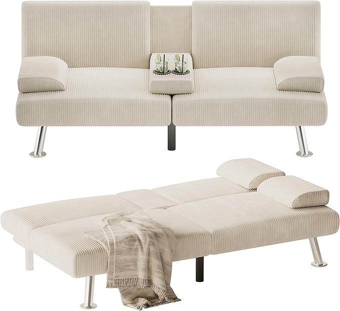 Flamaker Futon Sofa Bed Corduroy Folding Couch Adjustable Sleeper Sofa Bed by Flamaker