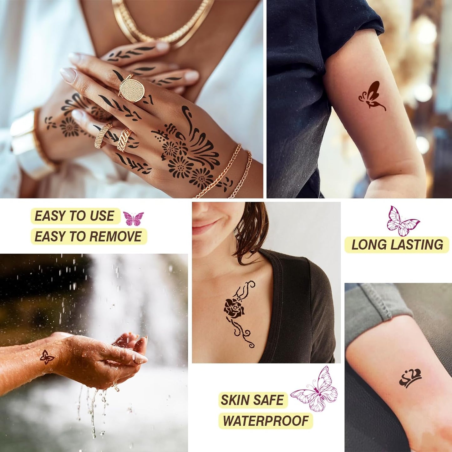 126 PCS Temporary Tattoos Stencils Kit,Temporary Tattoos Kit - 6 Pcs 2 Color(Brown Black) Ink with Gloves,DIY Body Art Painting for Women Men Adults Kids