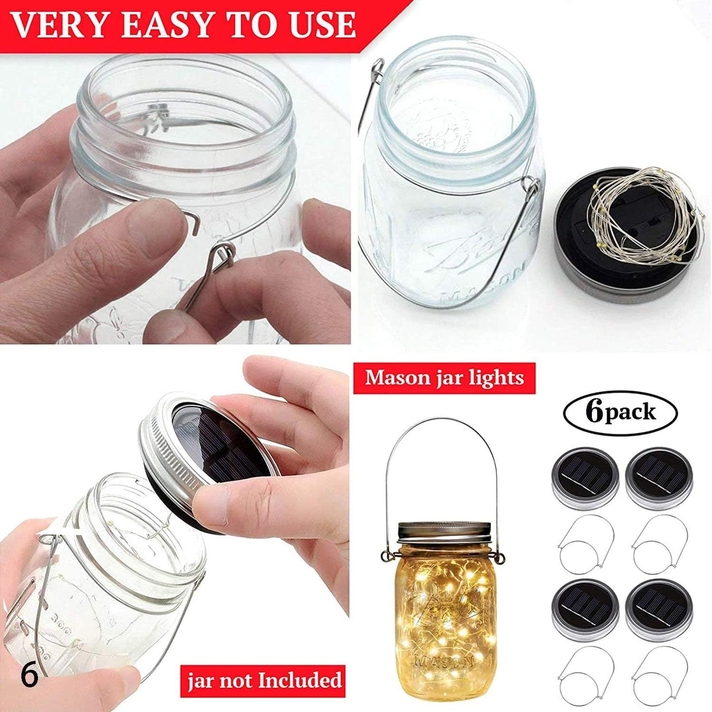 6 Pack Solar Mason Jar Lights for Outside, 30 LED Solar Mason Jar Lids Fairy Lights with 6 Hangers(No Jars) Outdoor Waterproof for DIY Patio Garden Yard Lawn Party Wedding Decoration Warm White