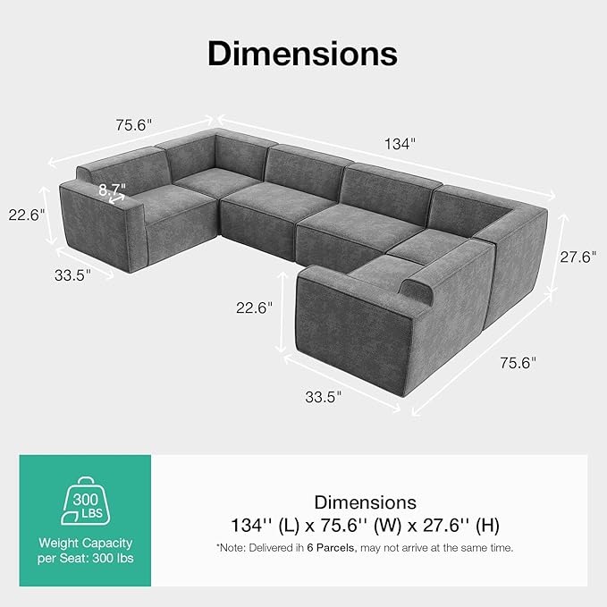 Novilla 134" Modular Sectional Sofa, No Assembly Cloud Sectional Couch - Image 2