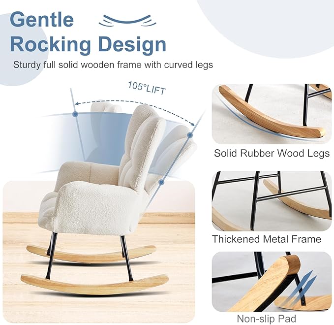 DUMOS Rocking Chair with Wing Backrest, Soft Padded Teddy Upholstered Indoor - Image 6