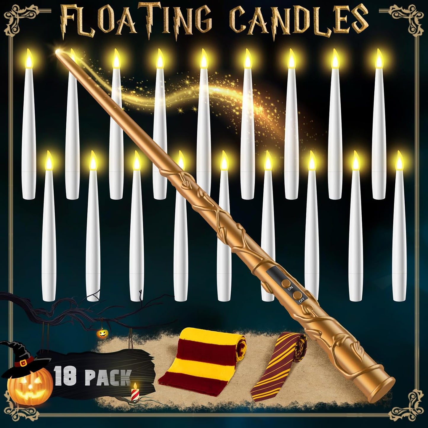 Halloween Floating Candles 18 Pcs - Magical Flameless Candles with Wand Flickering Warm Lights Ideal for Indoor Window Bedroom Halloween Cosplay Birthday Theme Party Decor