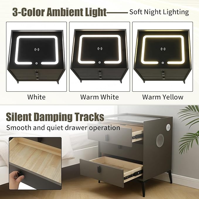 Smart Nightstand with Charging Station, Adjustable LED, USB Ports, Fingerprint - Image 5