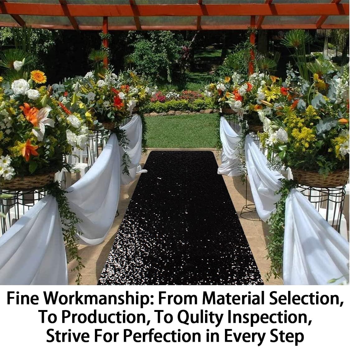 ShinyBeauty 4FT x 15FT Black Aisle Runner Tape | Shimmer Fabric Wedding Floor Runners with Glitter Carpet for Elegant Events