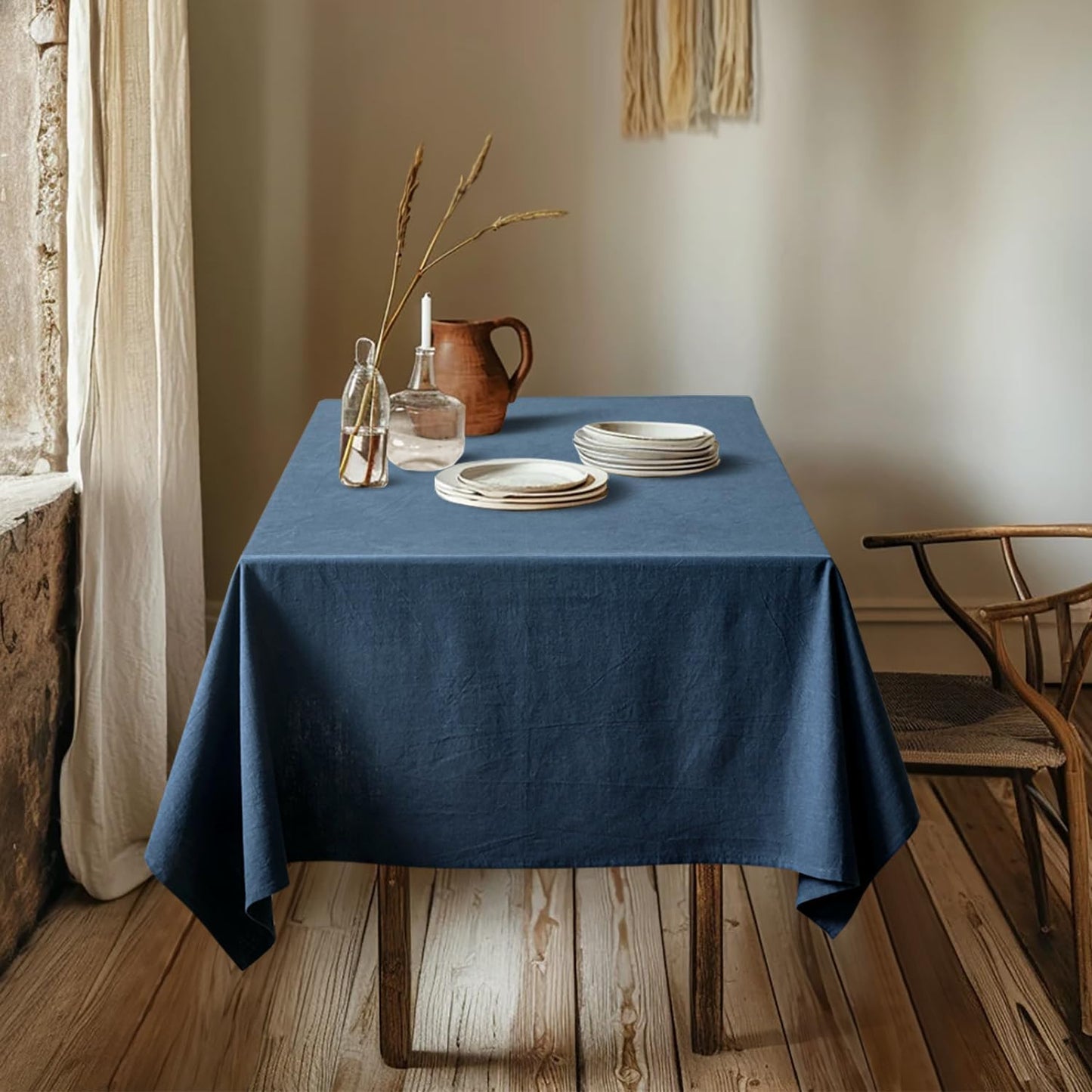 MIULEE Linen Cotton Blend Tablecloth Rectangle, Luxury Waterproof Stain Resistant Durable Farmhouse Oblong Table Cloth for Dining Party Christmas Weddings Birthday, 52 x 84 inch, Navy Blue