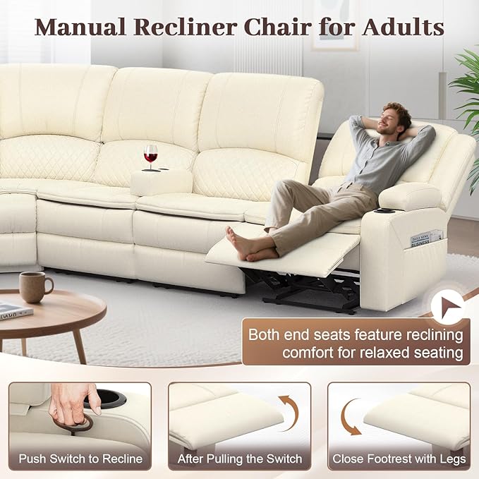 Yolsali Manual Reclining Sectional Sofa Set, 7 Seats Soft Leather Recliner - Image 6