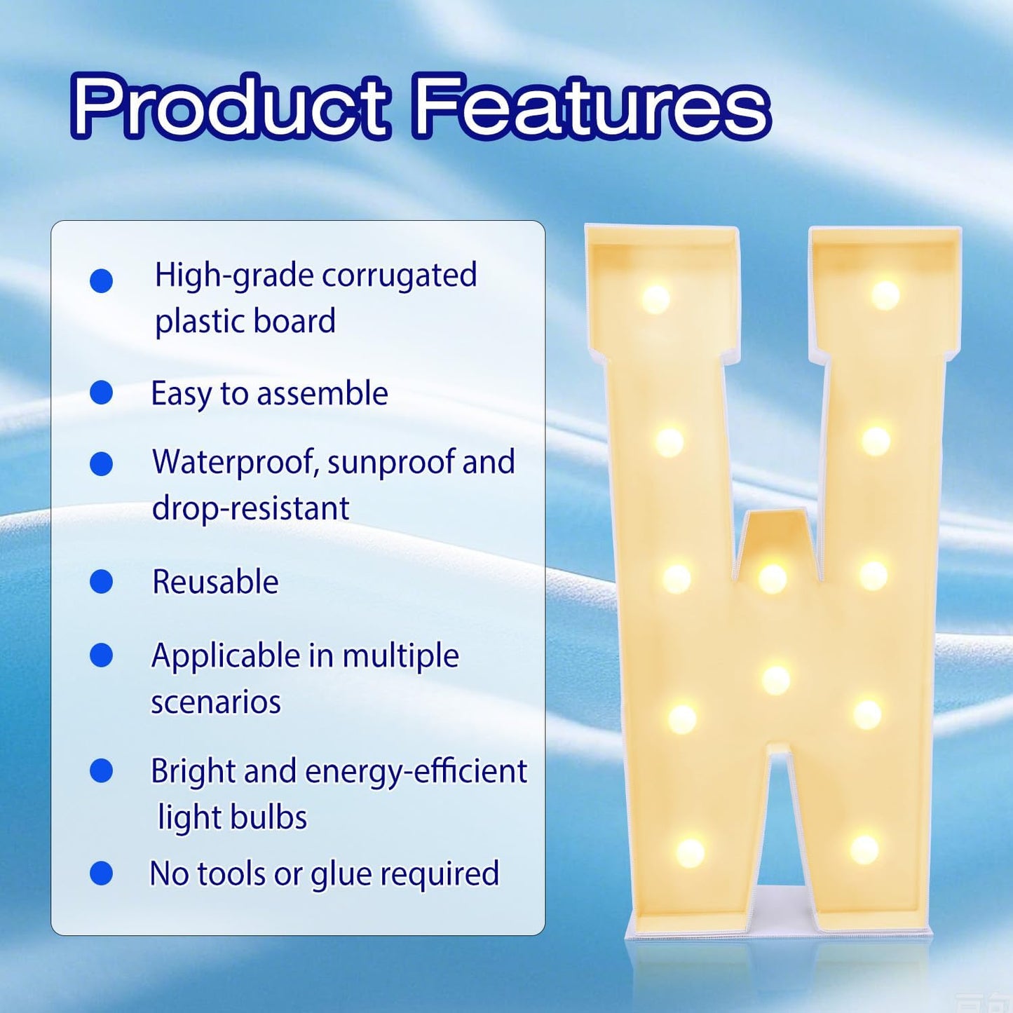 4FT Marquee Plastic Letters W - Light up Letters W Are Made from Corrugated Plastic Board - Quick Assembly Without Tools, Disassembled Components Can Be Used for Garage Sale Signs, Yard Sale Signs