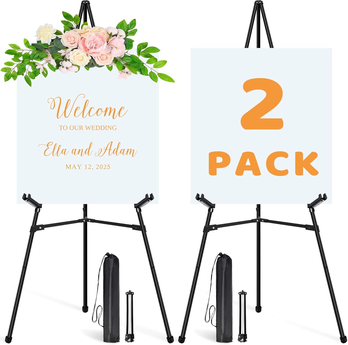 2Pcs Easel Stand for Sign - 63" Display Easel for Wedding Sign Stand Poster Stand, Lightweight Poster Easel for Painting, Folding Portable Easel Stand with Carrying Bag, Black