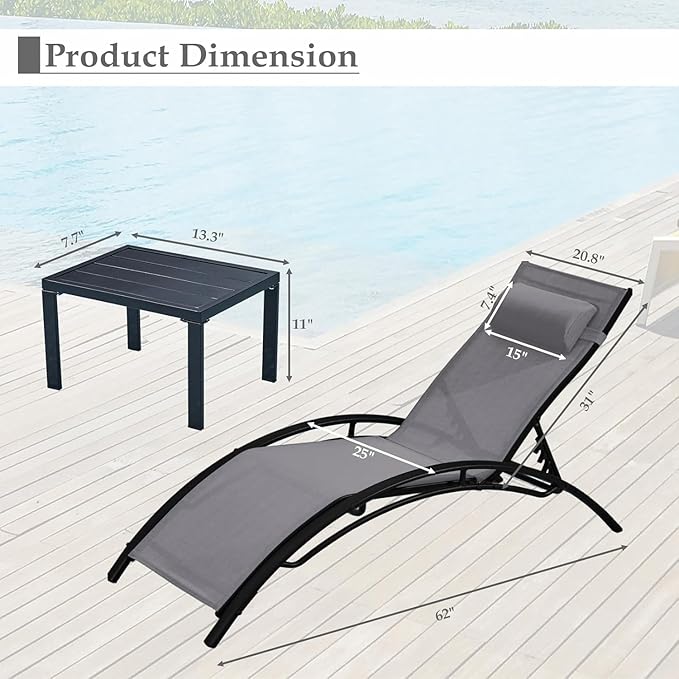 EROMMY Outdoor Chaise Lounge Set of 3, Reclining Patio Chairs - Image 2
