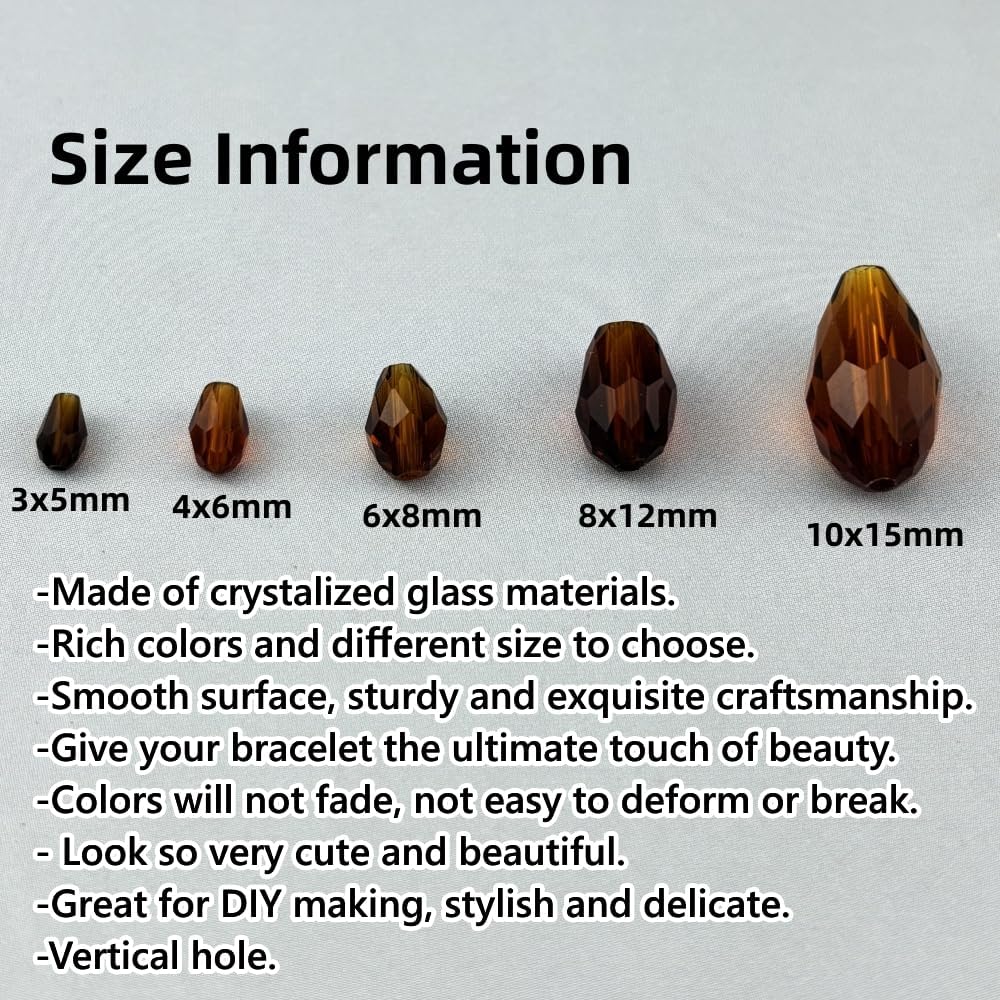 130pcs 6x8mm Teardrop Crystal Glass Beads for Jewelry Making, Faceted Vertical Hole Teardrop Glass Spacer Beads for Wind Chimes Bracelet Earring Necklace DIY Craft(Dark Amber)