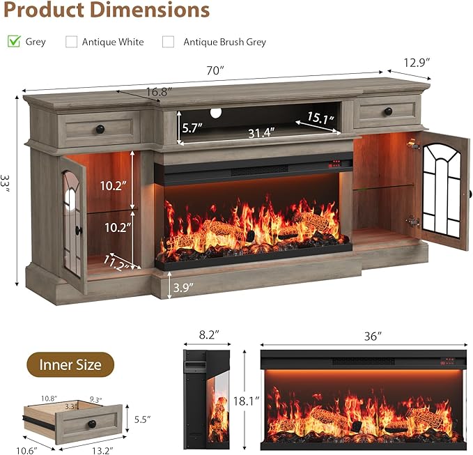 QUW 70" Farmhouse Fireplace TV Stand - Image 4