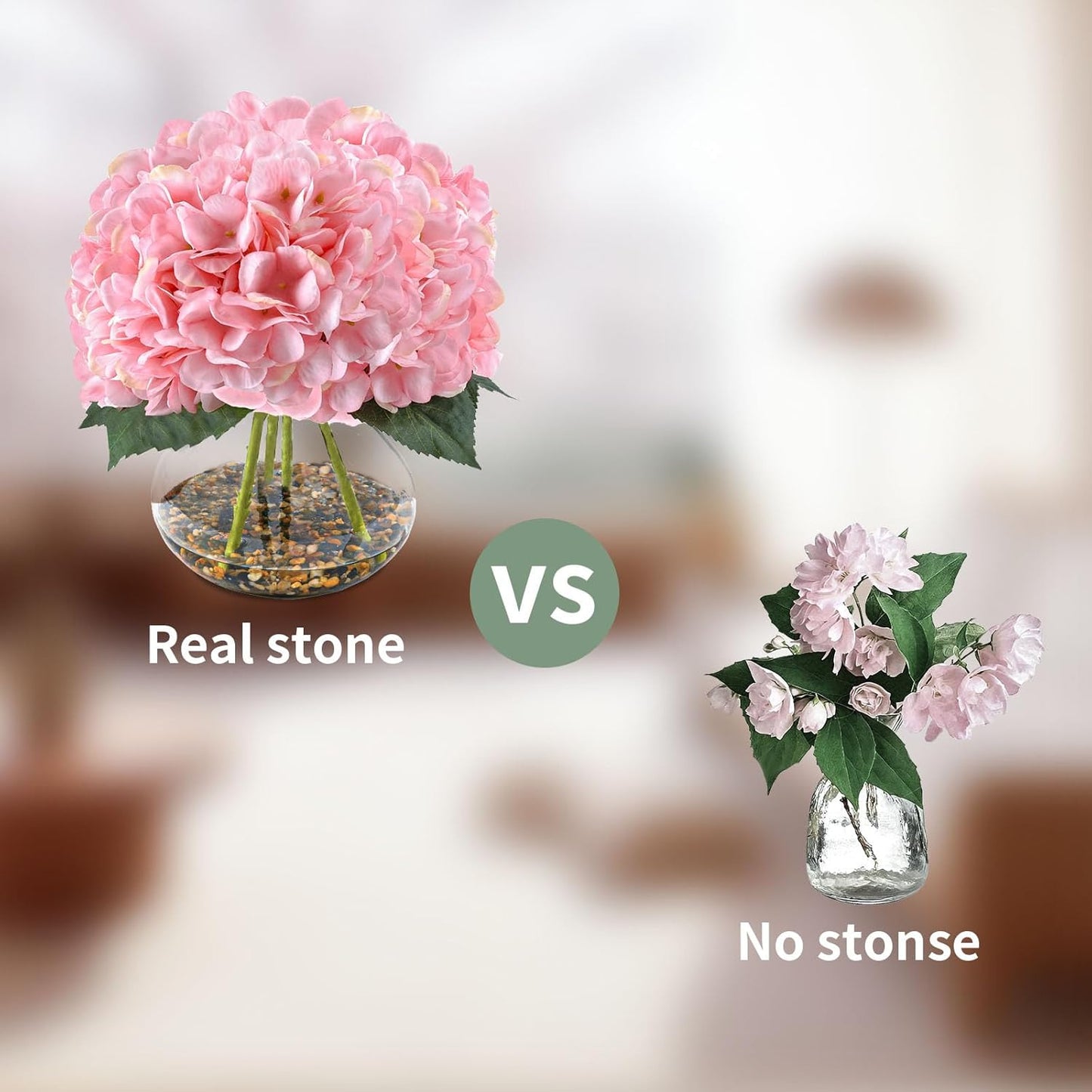 N&T NIETING Artificial Hydrangea Flowers with Vase Pink Silk Fake Flowers Faux Hydrangea Flowers with Faux Water Riverstones for Home Office Table Room Wedding Centerpiece Decorations
