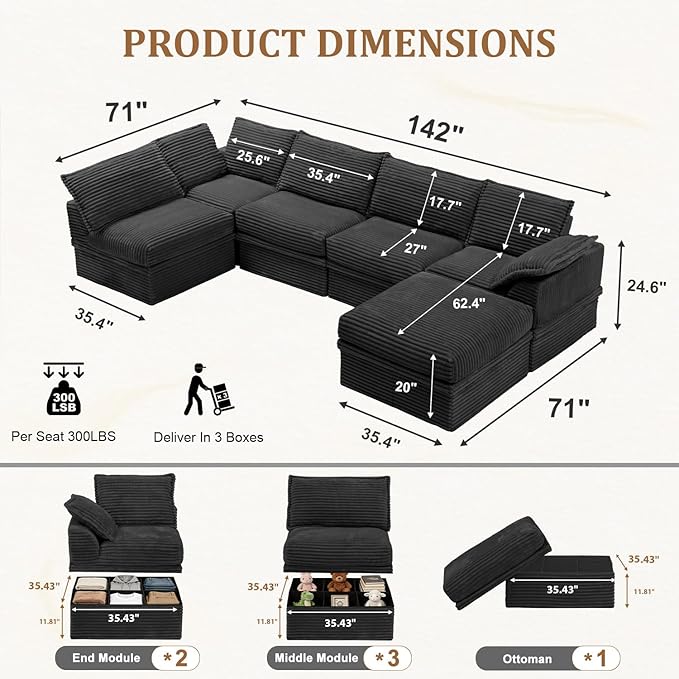 Upgrade Boneless Couch with Storage, Extra Deep&High Seat Modular Sectional - Image 3