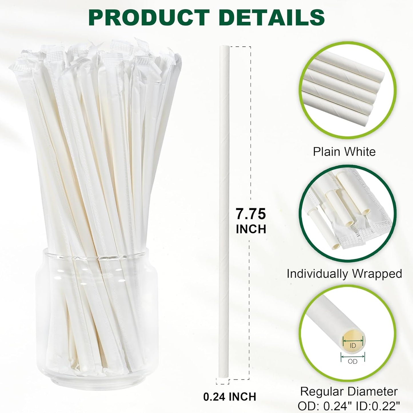 7.75 Inch Disposable Paper Drinking Straws Bulk Individually Wrapped, 0.24" Dia. (Plain White, 400 ct.) - Biodegradable and Compostable