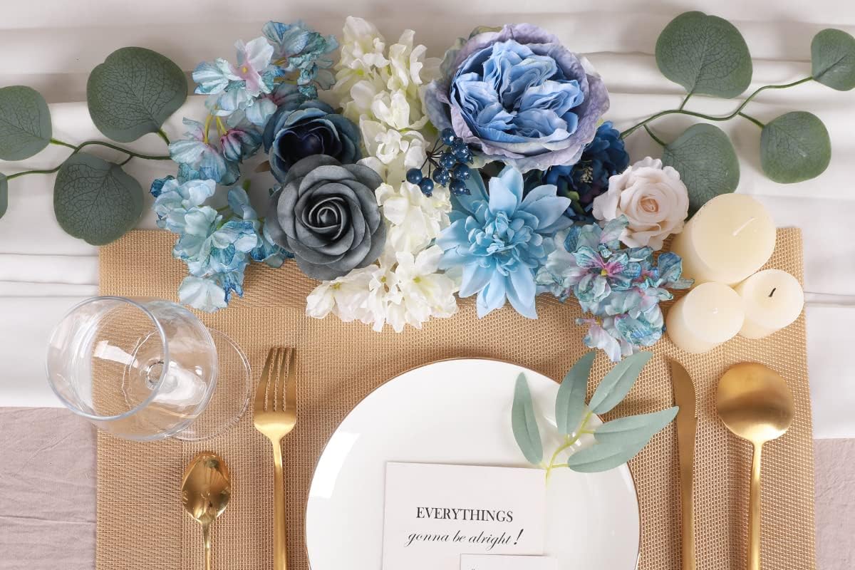 Floweroyal Artificial Flowers Combo Dusty Blue Flowers Mix Silk Flowers Dahlia Roses with Stems for DIY Wedding Bridal Bouquets, Baby Shower, Floral Arrangement, Table Centerpieces, Home Decorations.