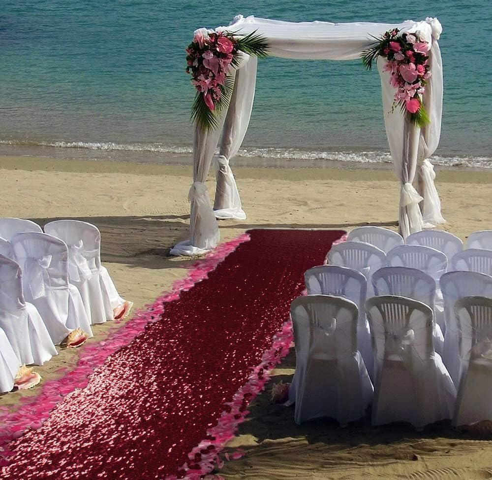 ShinyBeauty Sequin Aisle Runner Rug 4x15FT - Sparkly Burgundy Carpet for Wedding, Christmas, Party Decor - Glittering Floor Mat (48x180 Inch)
