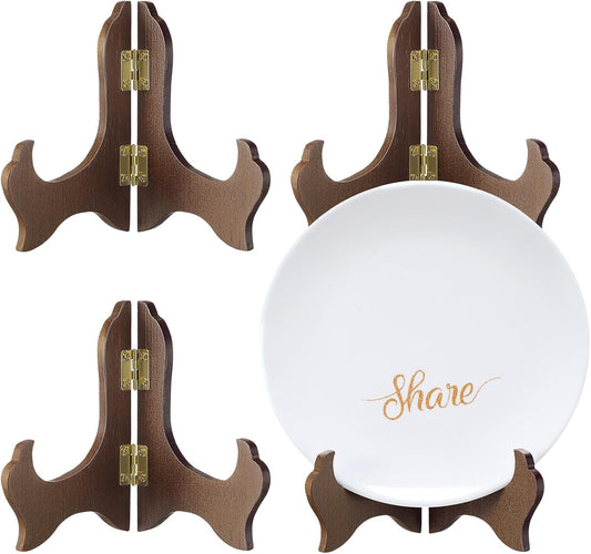 Tatuo 4 Packs Wooden Display Stand Decorative Plate Stands for Display Picture Frame Holder Easels (Brown,5 Inch)