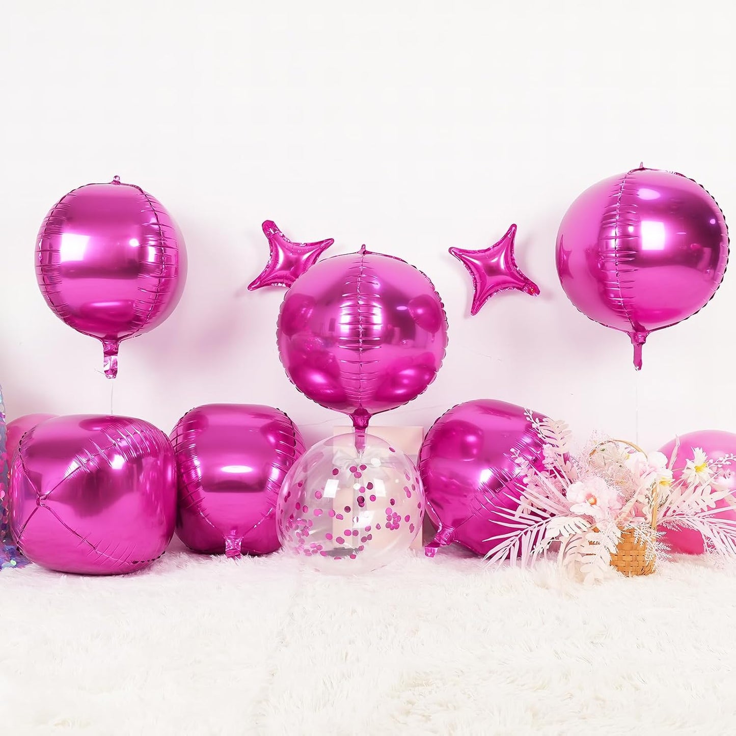6Pcs Hot Pink Round Foil Balloons,Giant 4D Round Ball Balloon,22 Inch Metallic Hot Pink Balloons for Birthday Wedding Prom Party Decorations