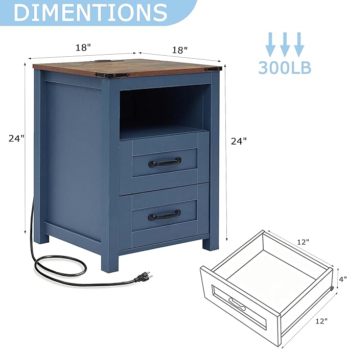 Blue Night Stand Set of 2, Rustic End Table - Image 3