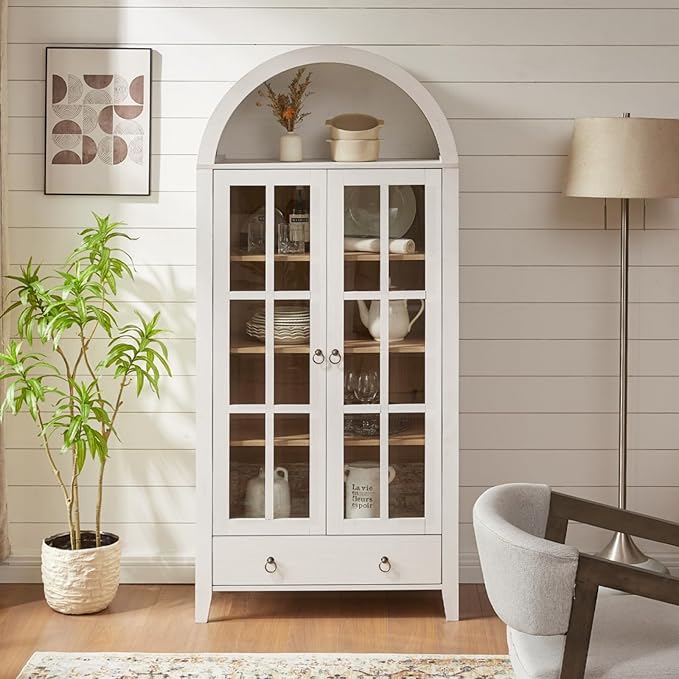 Farmhouse Arched Cabinet with Glass Doors, Wood Display Cabinet with Drawer and - Image 7