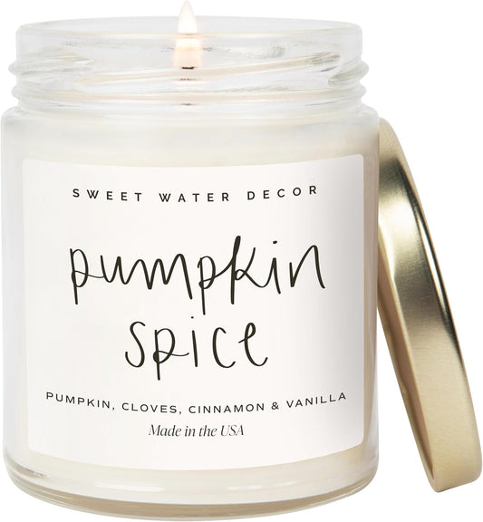 Sweet Water Decor Pumpkin Spice Candle - Fall Candles with Pumpkin, Clover, Cinnamon & Vanilla Scent for Home - Autumn Candle with 40 Hours Burn Time - 9Oz Gold Lid Clear Jar Cozy Soy Candles