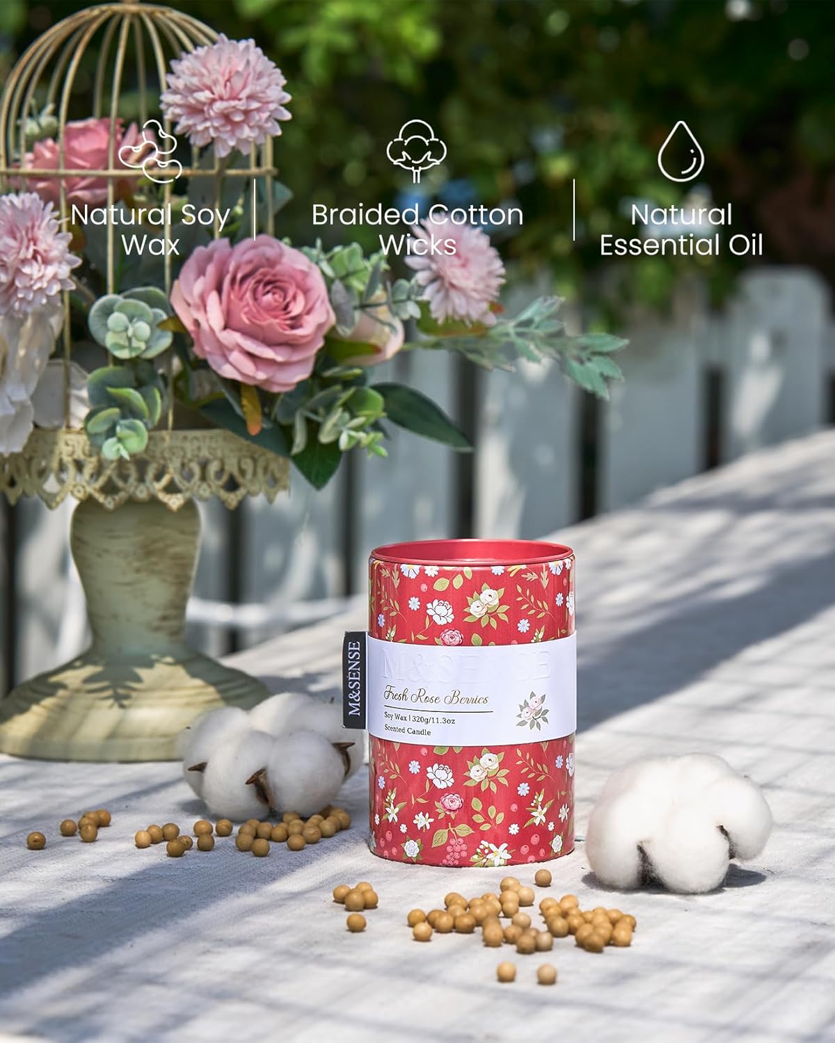 M&SENSE Fresh Rose Berries Scented Candle, Medium Jar Candle 11.3oz Natural Soy Wax for Home Scented, Floral Candles Gift for Spring Holiday, Up to 70 Hours Burning Long-Lasting Fragrance