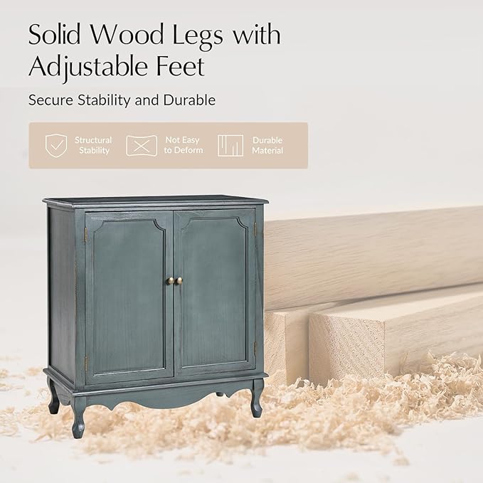 Solid Wood Sideboard with Adjustable Feet, 2 Shelves Storage Accent Cabinet - Image 6