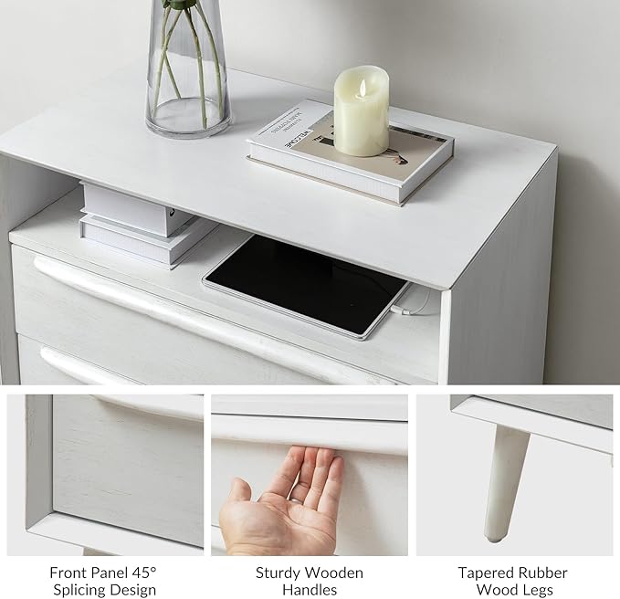 HULALA HOME End Table with Charging Station, Mid-Century Modern 2 Drawer and - Image 4