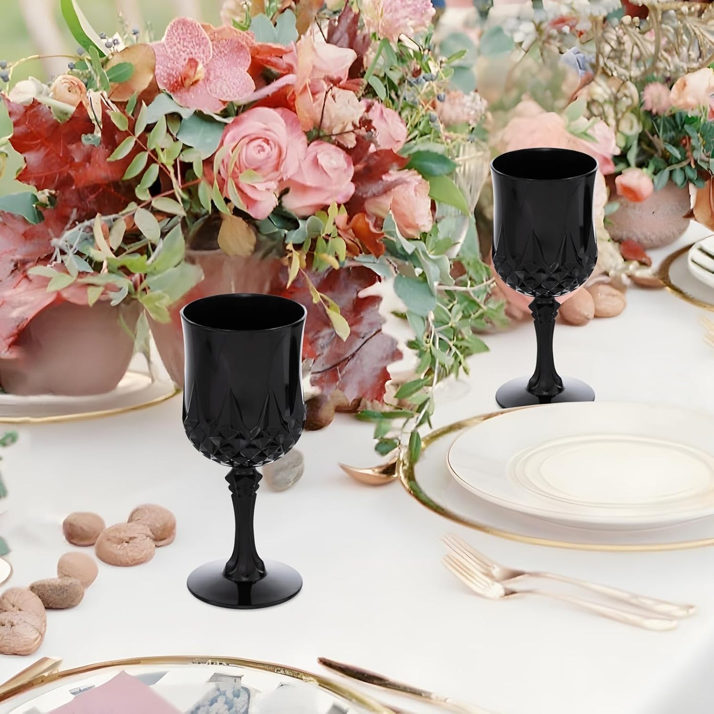 JLYLOL Plastic Vintage Wine Glasses 7OZ Plastic Goblets Vintage Drinking Glasses 24PCS Retro Wedding Glassware Water Goblets Reusable Drinking Cups for Party,Reception,Celebration,Bar,Whiskey(Black)