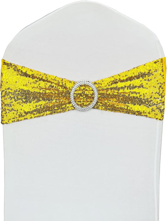 25 Pcs Sequin Chair Sashes Stretch Chair Bands Spandex Polyester Bows for Party Hotel Wedding Banquets Decoration -Gold