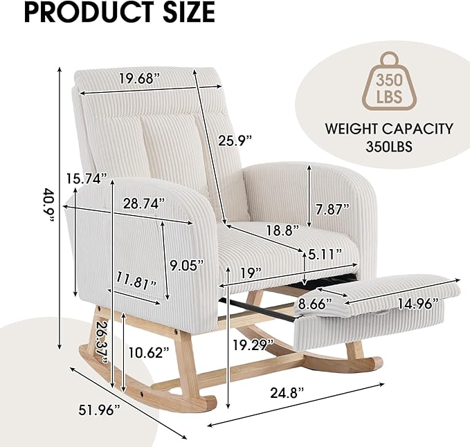 NIOIIKIT Nursery Rocking Chair, Corduroy Upholstered Rocking Chair - Image 2