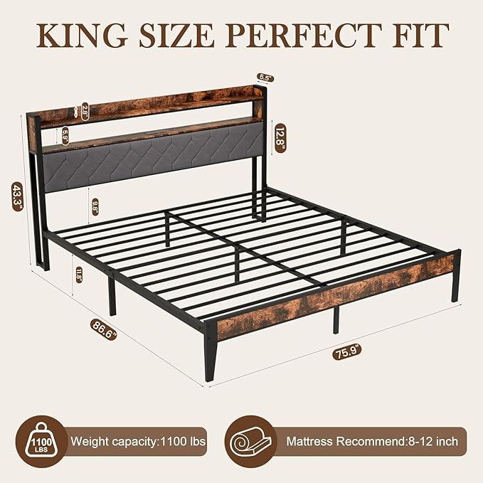 King Size Bed Frame with Charging Station, King Bed Frame with Upholstered - Image 2