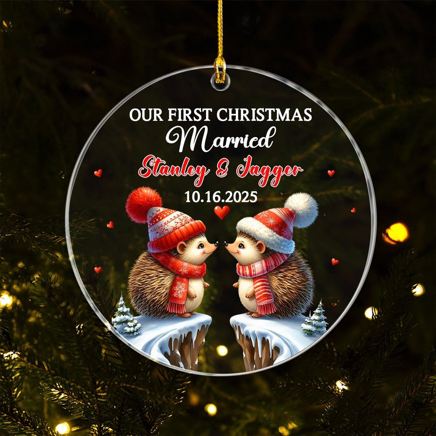 Our First Christmas Married Ornament, Custom Date/Name Mr & Mrs Hedgehog Ornament Gift for Newlyweds Bride & Groom, Personalized Couple Hedgehog Married Christmas Ornaments for Wedding Anniversary