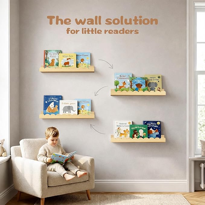 Nursery Floating Shelves for Kids Room, 2 Pack 23.6 Inch Natural Wood Wall - Image 5
