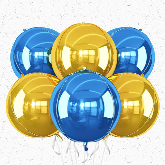 6Pcs Blue Gold Round Foil Balloons,Giant 4D Round Ball Balloon,22 Inch Metallic Blue Gold Balloons for Birthday Wedding Graduation Prom Party Decorations