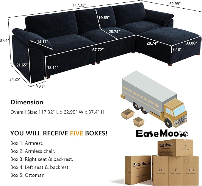 EASE MOOSE Blue Sectional Modular Sofa, FSC Certified Oversized L Shape - Image 2