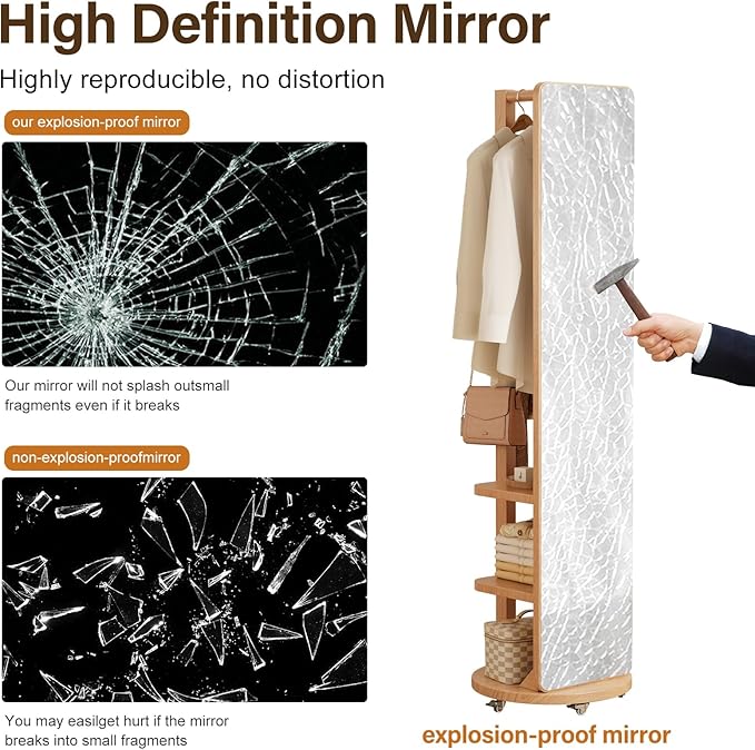 WoodsWhisper Full Length Mirror Coat Rack Solid Wood Floor Mirror 66"x12" Full - Image 4