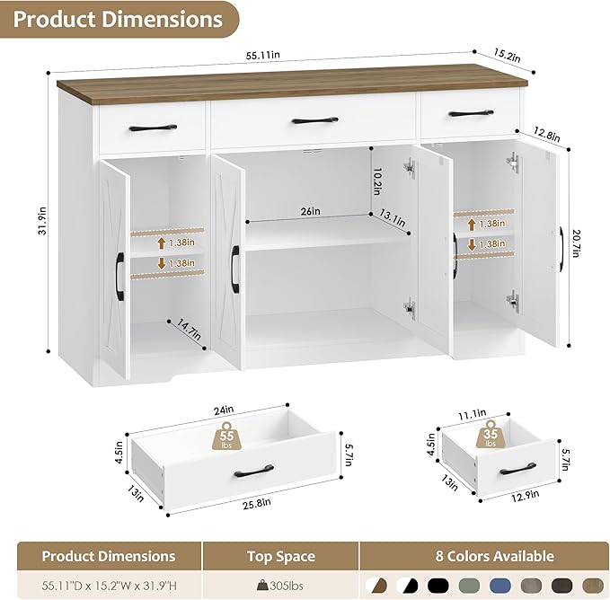 HOSTACK Buffet Cabinet with Drawers, Modern Farmhouse Coffee Bar Station Wood - Image 3