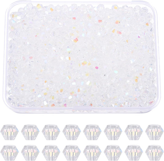 PATIKIL 1000pcs 3mm Bicone Glass Crystal Beads, Faceted Glass Spacer Beads with Box for Jewelry Making Bracelet Necklace Earrings DIY Suncatcher Craft, Colorful White AB