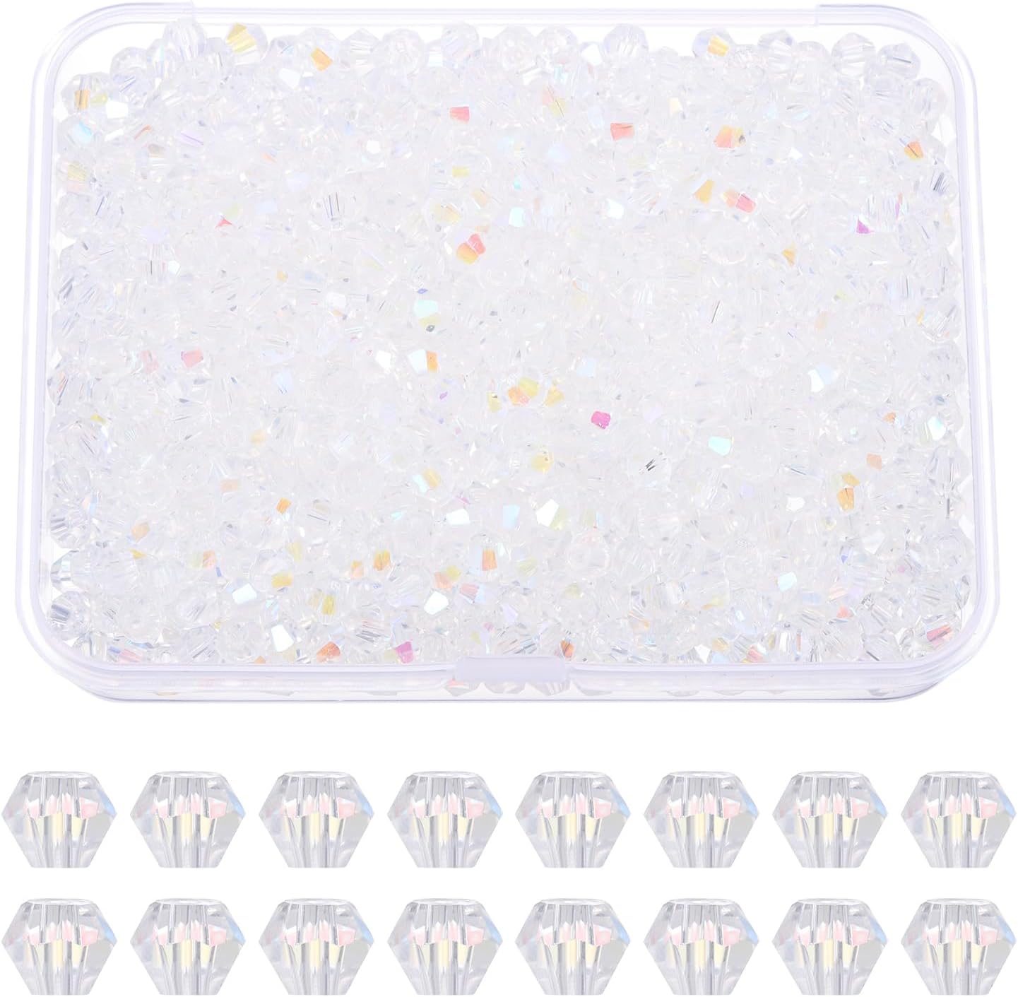 PATIKIL 1000pcs 4mm Bicone Glass Crystal Beads, Faceted Glass Spacer Beads with Box for Jewelry Making Bracelet Necklace Earrings DIY Suncatcher Craft, Colorful White AB
