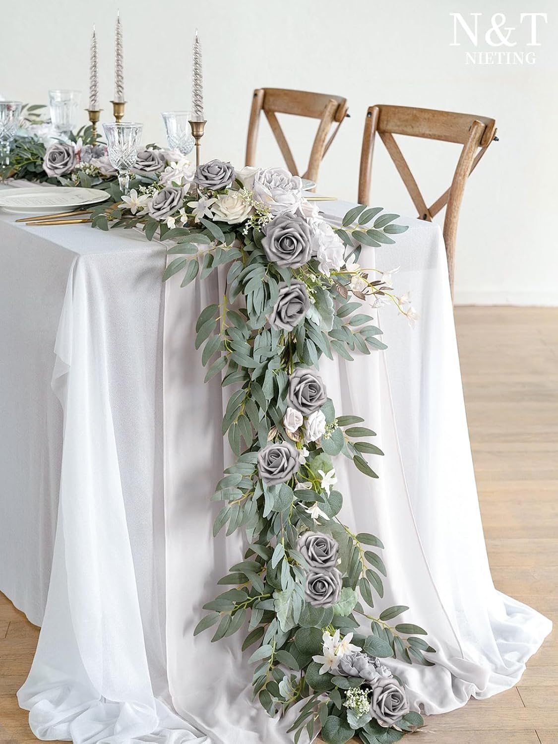 N&T NIETING Artificial Flowers, Fake Flowers Roses Perfect for DIY Wedding Bridal Bouquets Centerpieces Bridal Shower Party Home Flower Arrangement Decorations, 25Pcs, Silver Gray