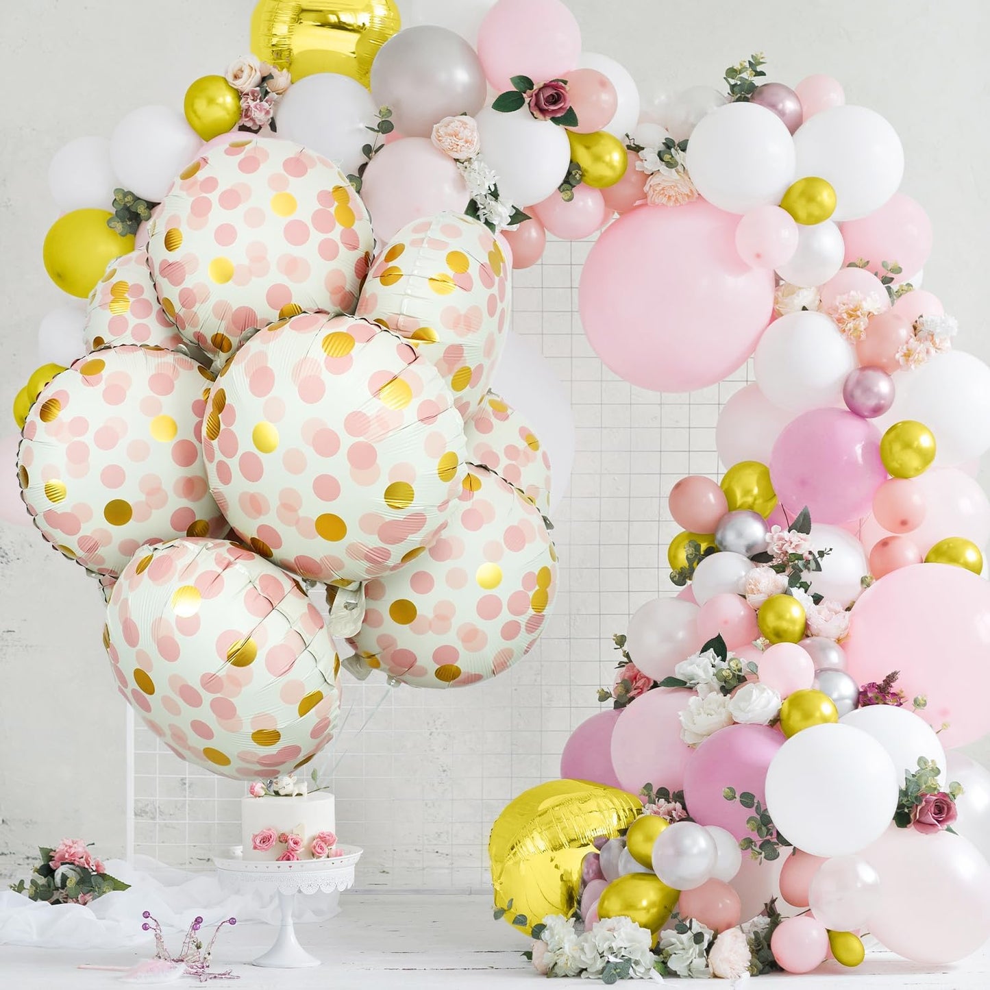 10 Pcs Pink Polka Dot Foil Balloons, 18" Foil Round Balloons with Pink Gold Dots, Helium-Friendly Foil Balloons for Women Girls Birthday Decor, Baby Showers, Bridal Shower, Bachelorette Party, Wedding