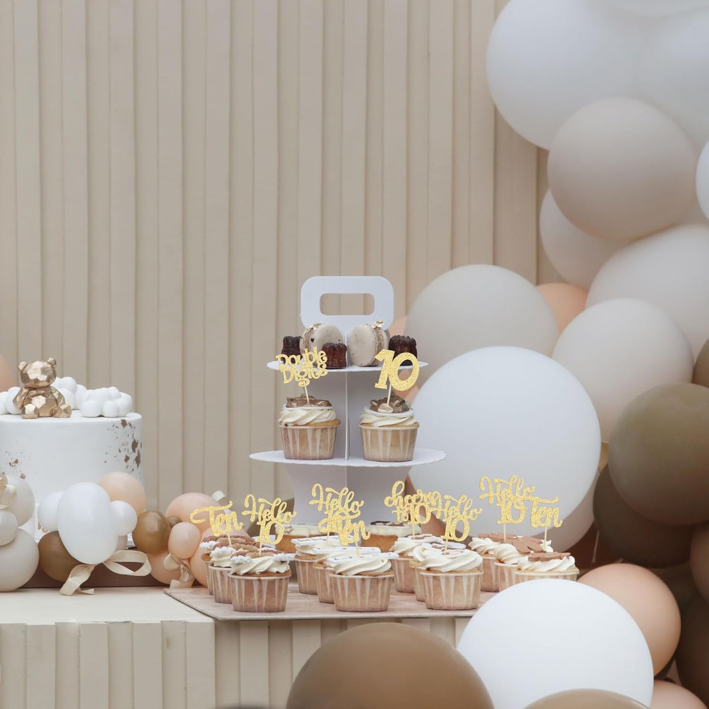 30Pcs 10th Birthday Cupcake Toppers Ten Double Hello 10 Cupcake Picks Cheers to 10 Years Old Cake Decorations for 10th Birthday Party Supplies Gold Glitter