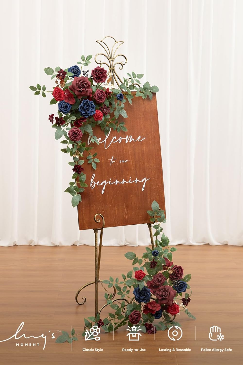 Ling's moment 2pcs Wedding Flowers Garland Artificial Floral Swag Arch Decorations Greenery Arrangements Burgundy & Navy Blue Ceremony Reception Garden Easel Wall Entryway Outdoor NOT Include Sign