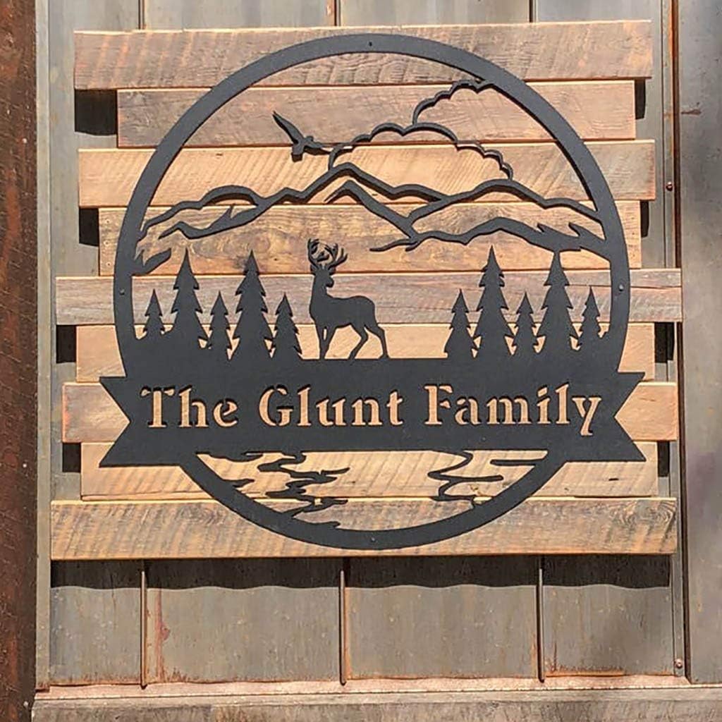 RealSteel Personalized Metal Wall Art - Circular Nature Scene with Mountains, Lake, Deer & Bird - Custom Name on Banner - Outdoor Landscape Decor for Home & Gifts - Black, 30"
